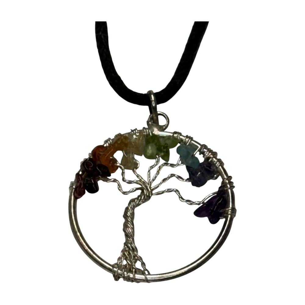 Tree of Life 7 Chakra Chip Stone Pendant Necklace Adjustable Cord - Picture 3 of 6